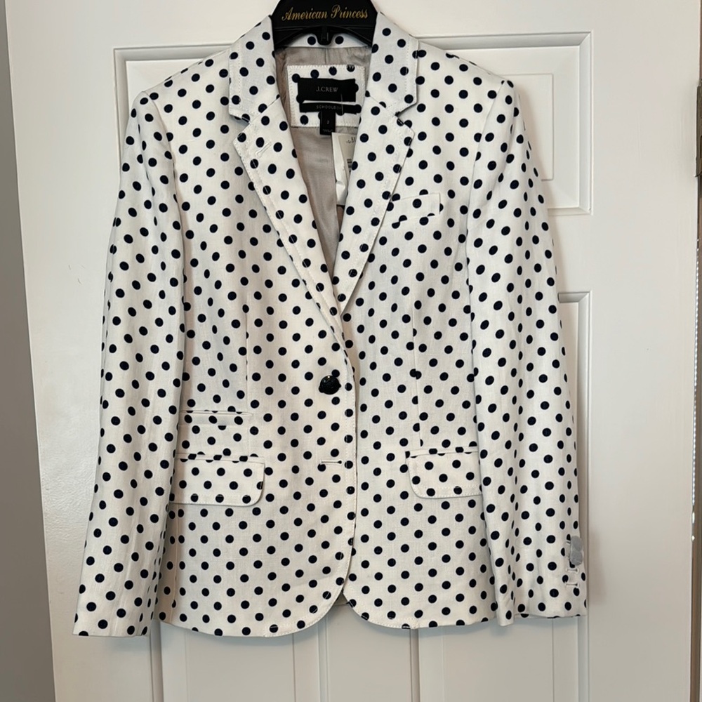 J. Crew Schoolboy White and Navy Polka Dot Blazer